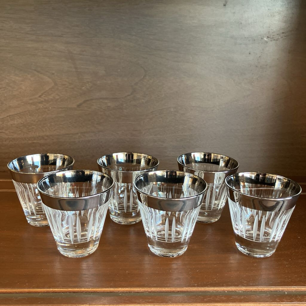 Vintage Set of 6 Silver Rimmed Carved Glass Shooter Glasses