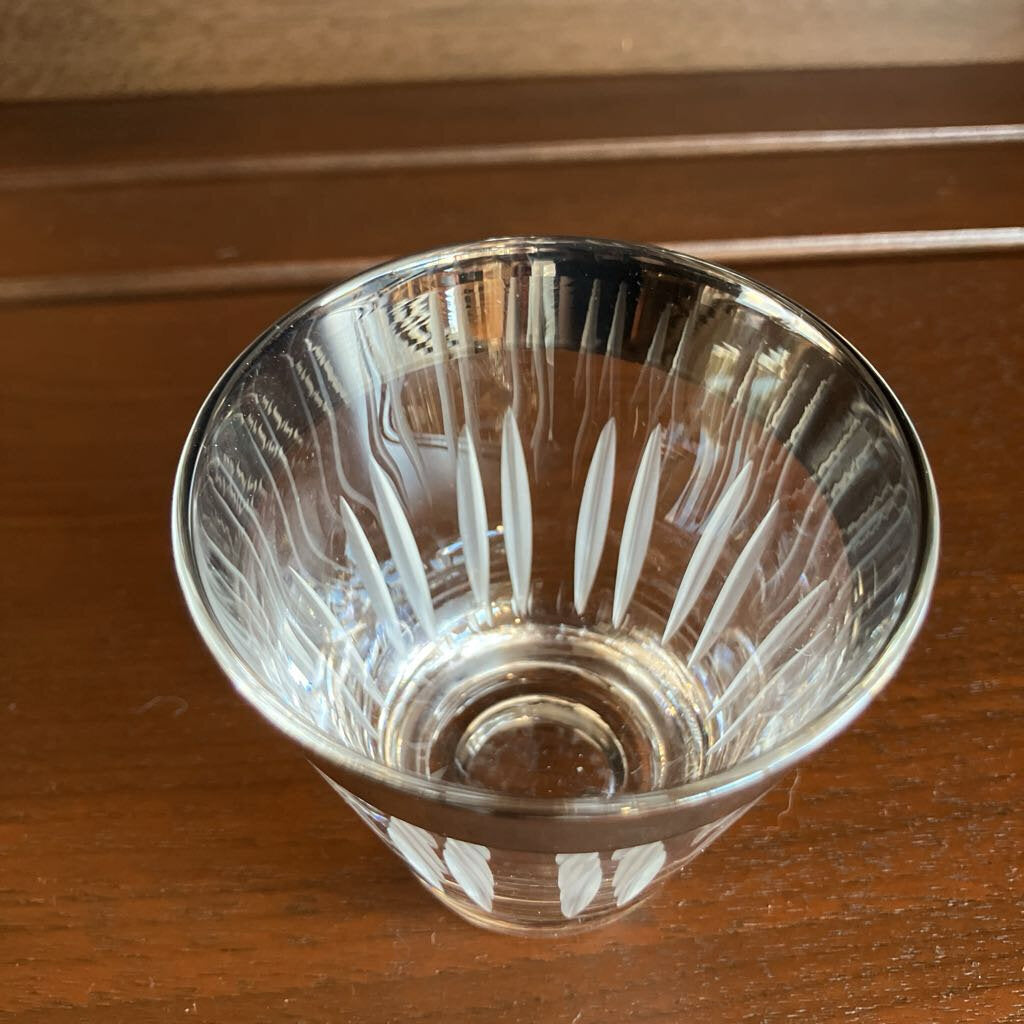 Vintage Set of 6 Silver Rimmed Carved Glass Shooter Glasses