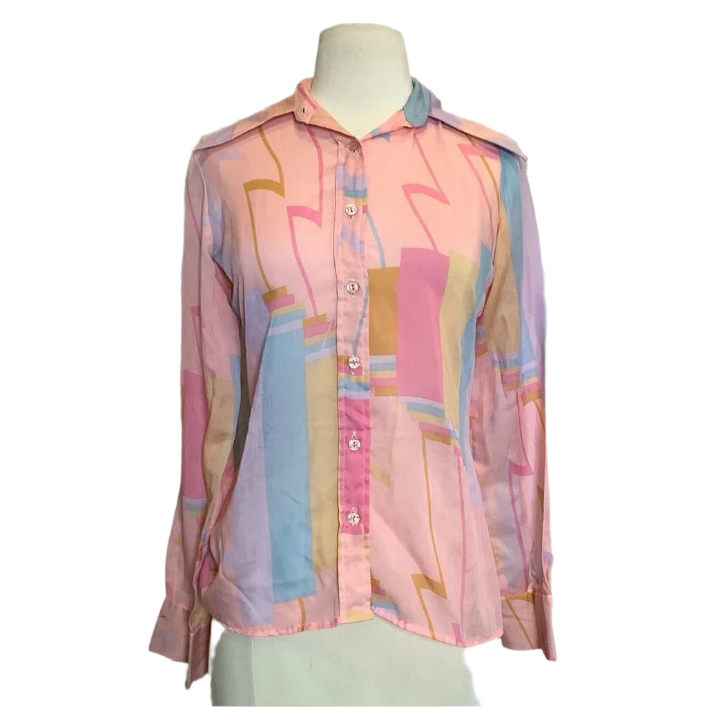1970s Exaggerated Collar Art Deco Print Button Up