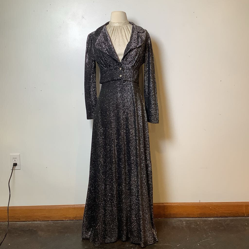 1970s 2 Piece Lame Sleeveless Maxi Dress w/ Crop Jacket 1970s 2 Piece Lame Sleeveless Maxi Dress w/ Crop Jacket