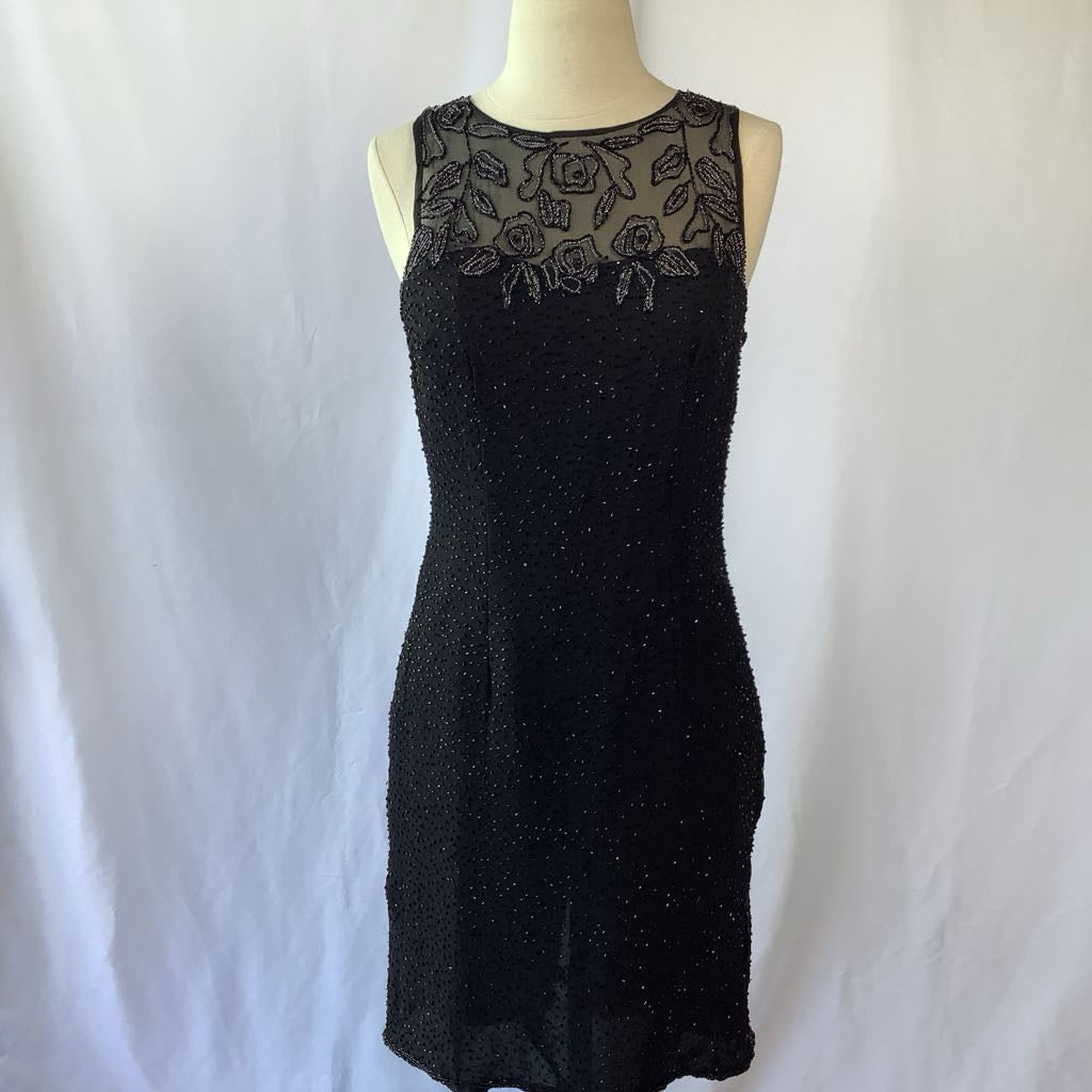 1990s Sleeveless Beaded Evening Dress w/ Embroidered & Sheer Bodice
