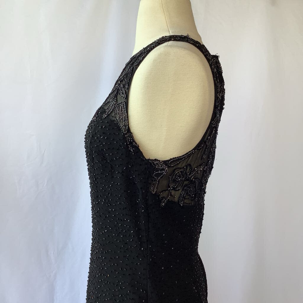 1990s Sleeveless Beaded Evening Dress w/ Embroidered & Sheer Bodice