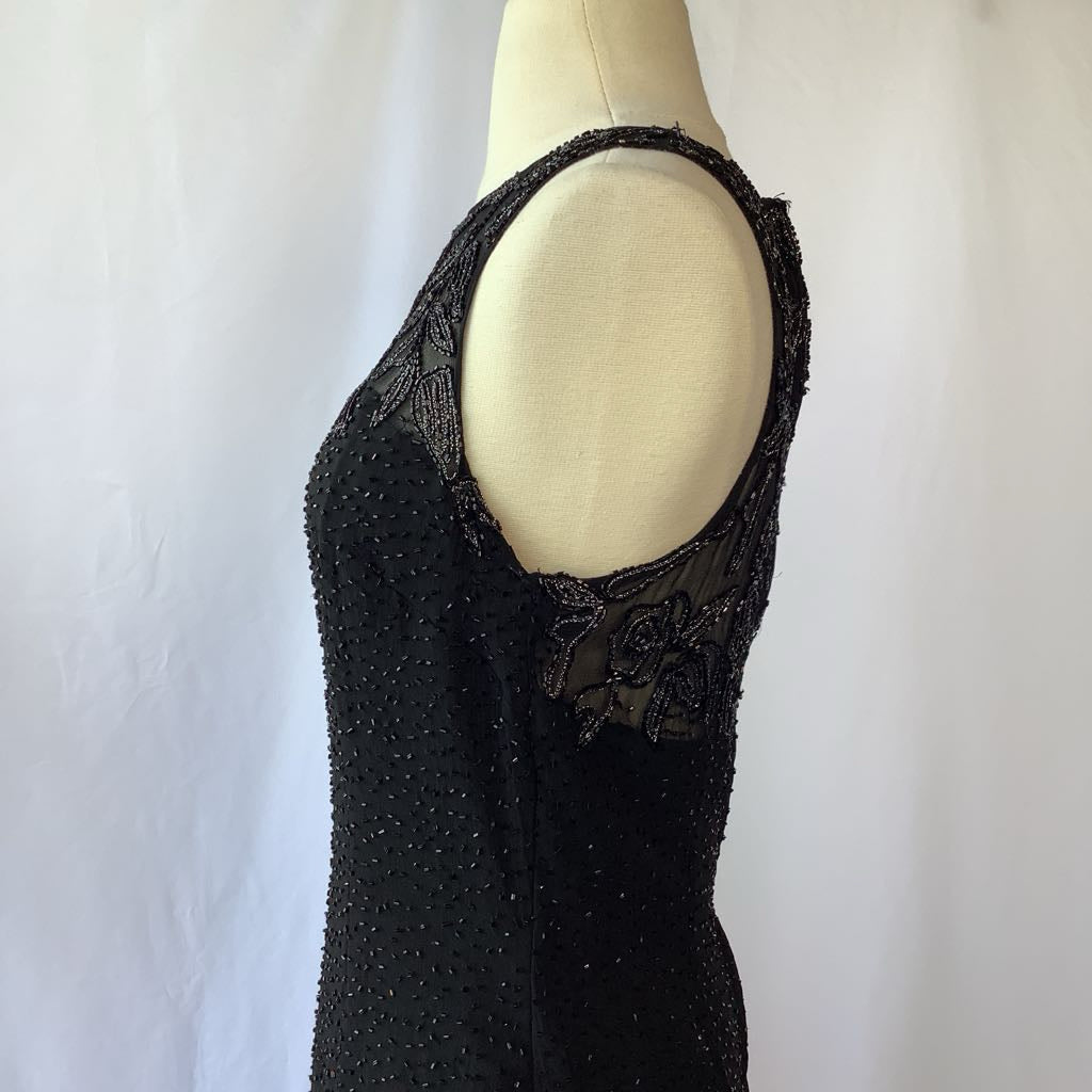 1990s Sleeveless Beaded Evening Dress w/ Embroidered & Sheer Bodice