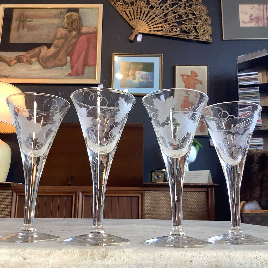 Vtg Crystal Cut Grape Leaf Cordials - Set of 4
