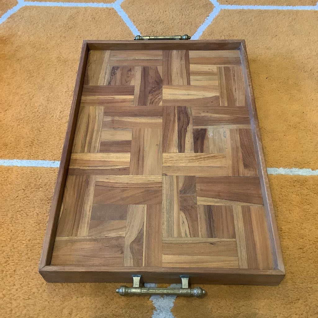 Vintage Wood Inlay Serving Tray with Brass Handles