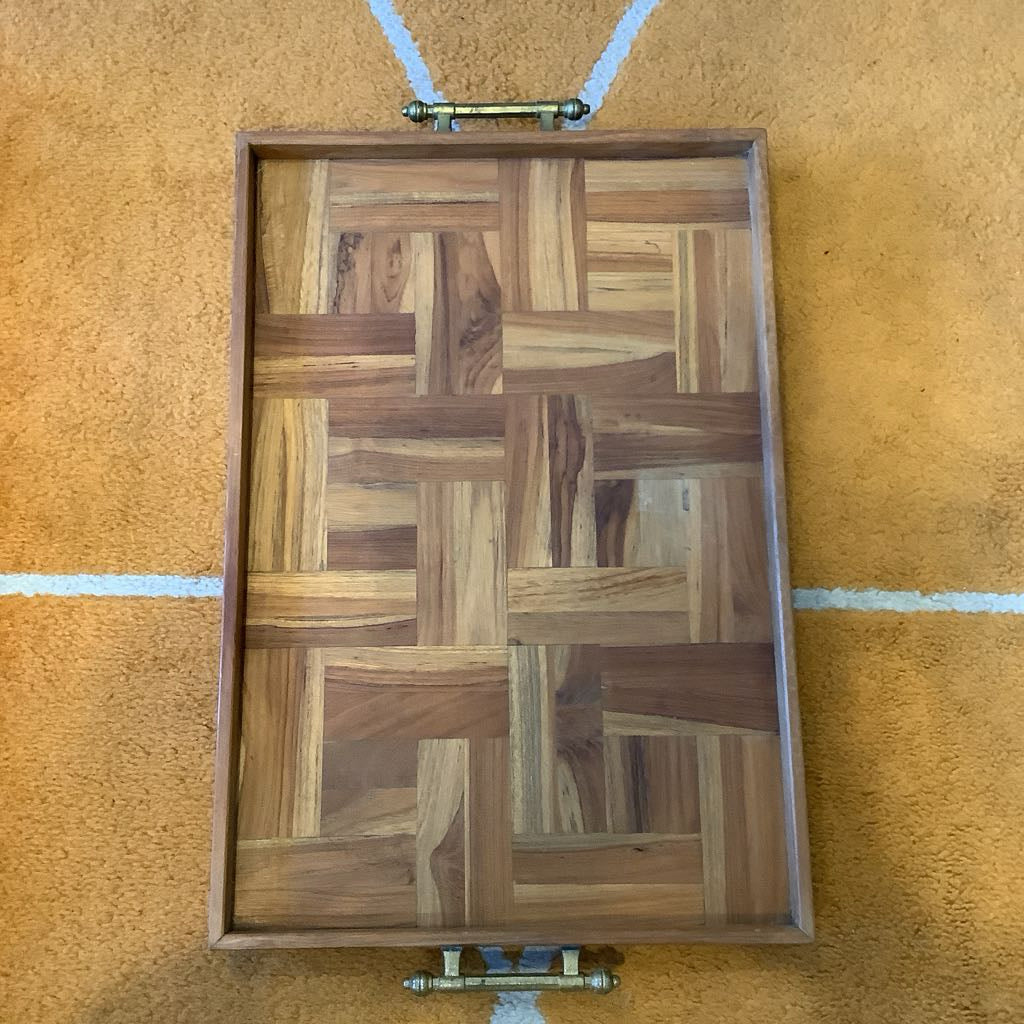Vintage Wood Inlay Serving Tray with Brass Handles