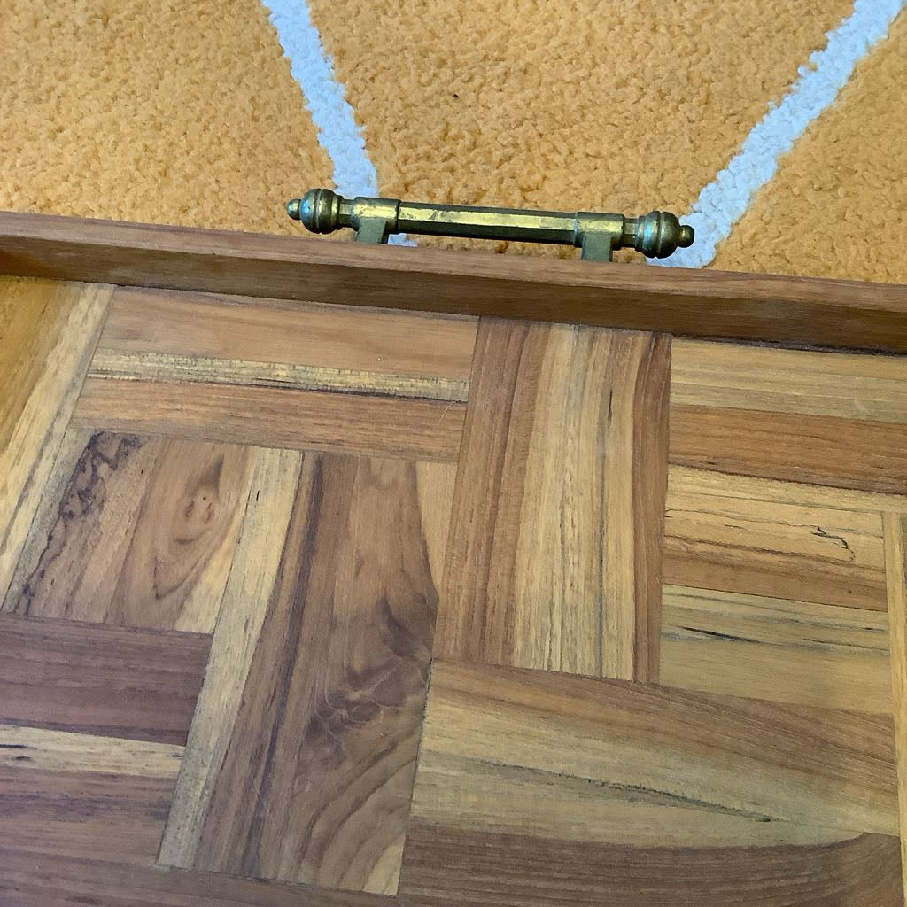 Vintage Wood Inlay Serving Tray with Brass Handles