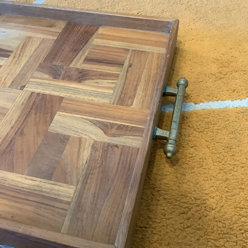 Vintage Wood Inlay Serving Tray with Brass Handles