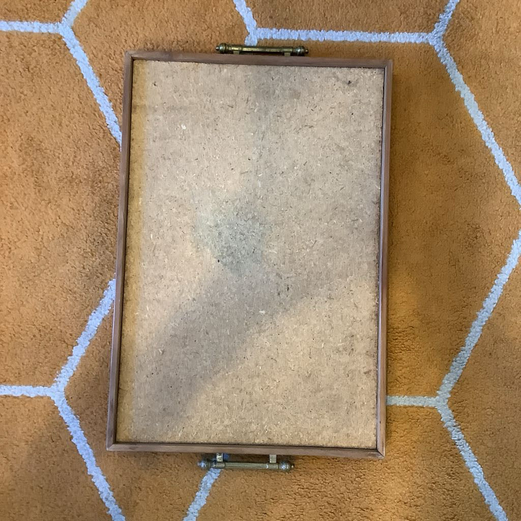 Vintage Wood Inlay Serving Tray with Brass Handles