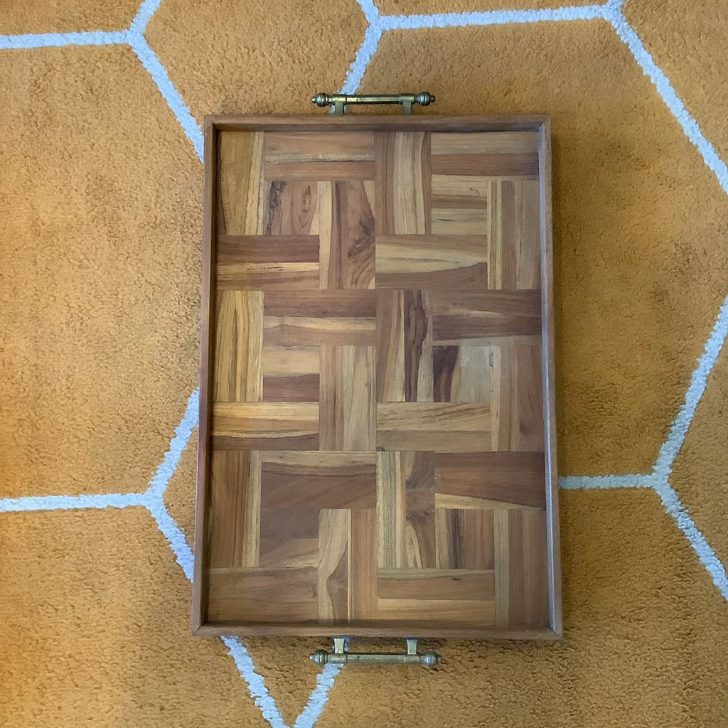 Vintage Wood Inlay Serving Tray with Brass Handles