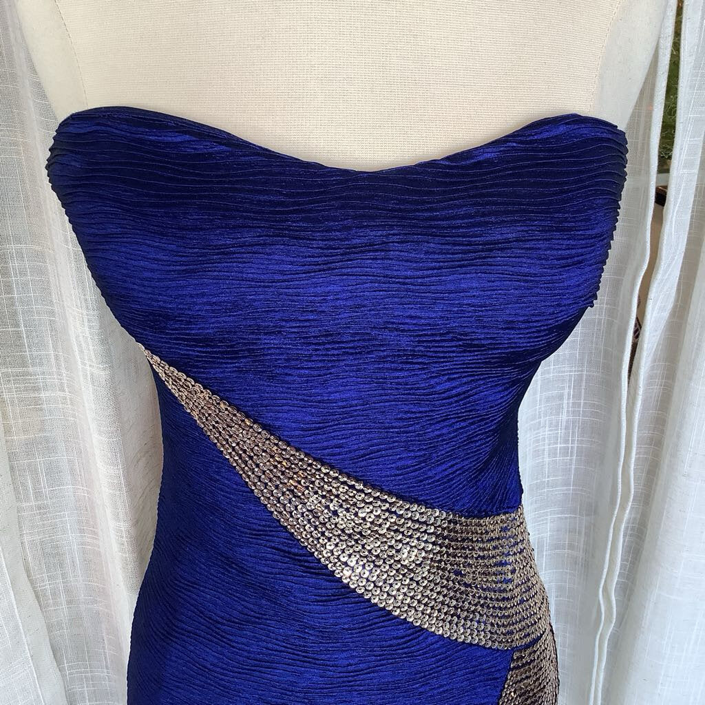 90s Style Navy Blue Gold Sequin Strapless Cocktail Dressess