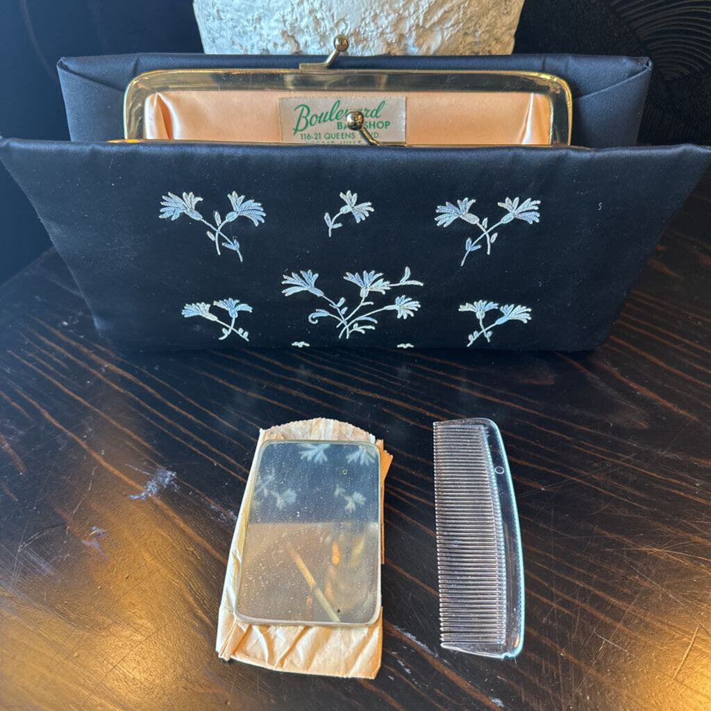 Vintage Black Silk w/ Floral Embroidery Clutch