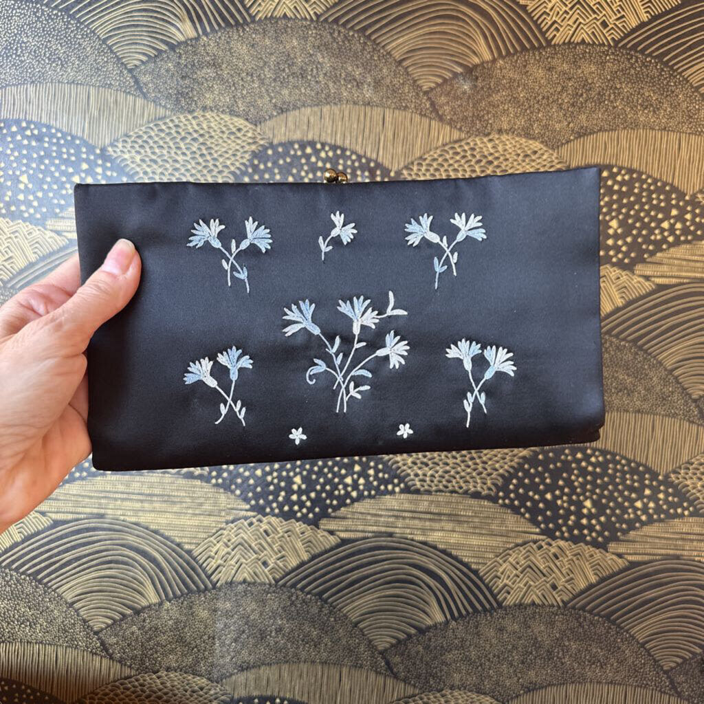 Vintage Black Silk w/ Floral Embroidery Clutch