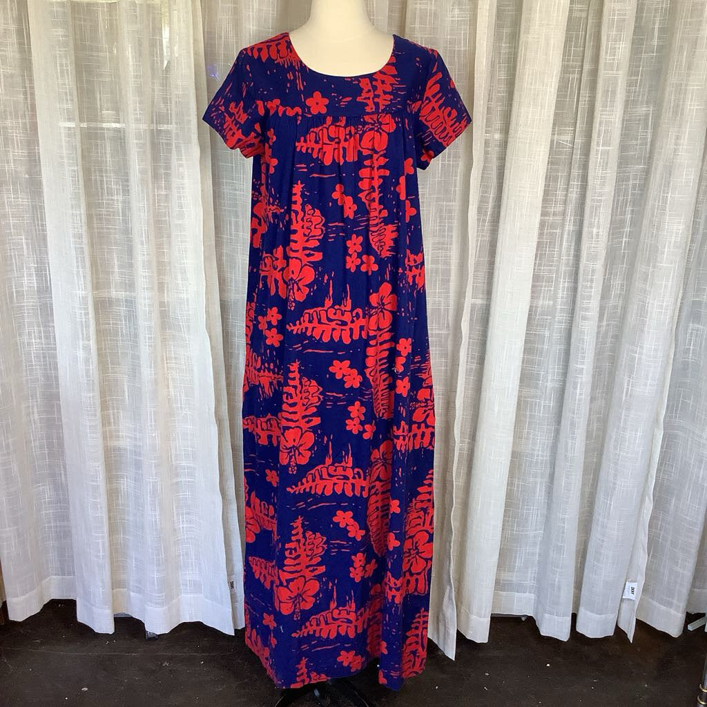 1970s Blue and Red Floral Hawaiian Dress