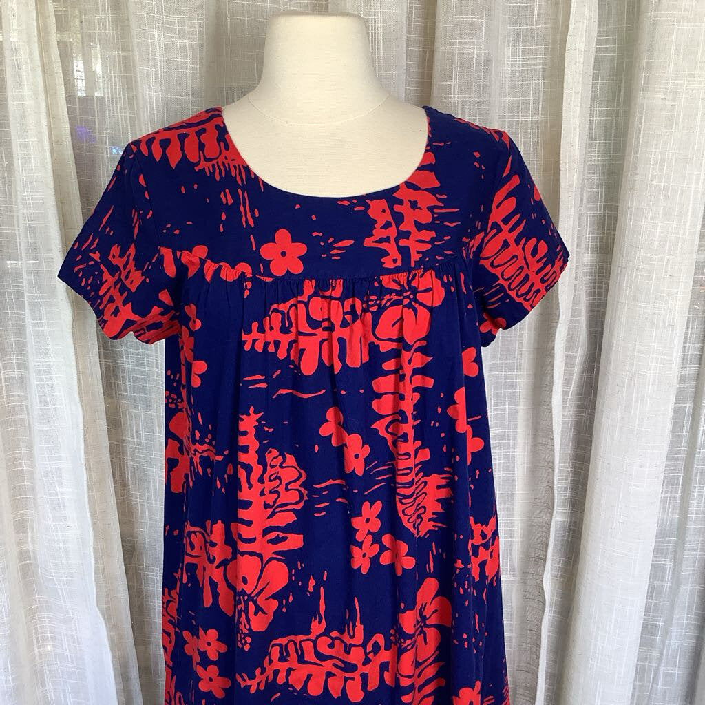1970s Blue and Red Floral Hawaiian Dress