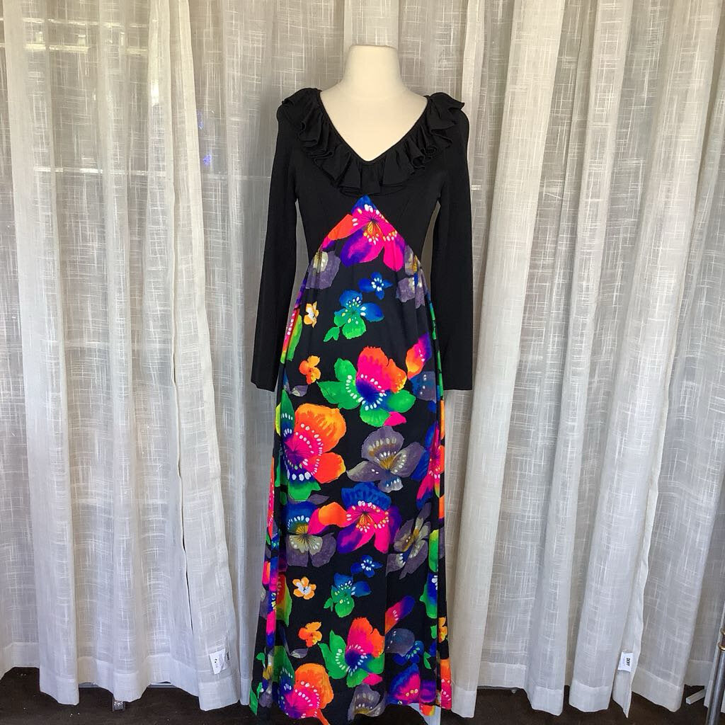 1970s Black Floral Maxi Dress