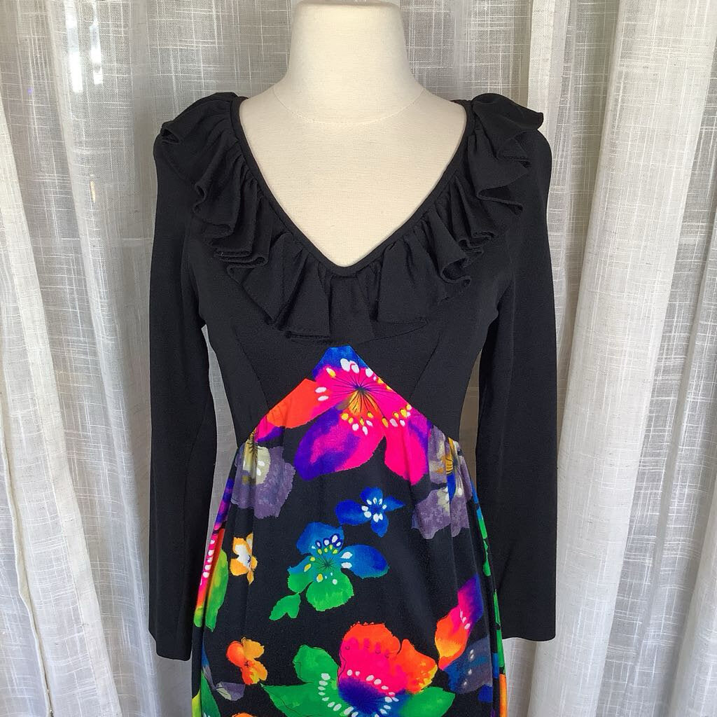 1970s Black Floral Maxi Dress