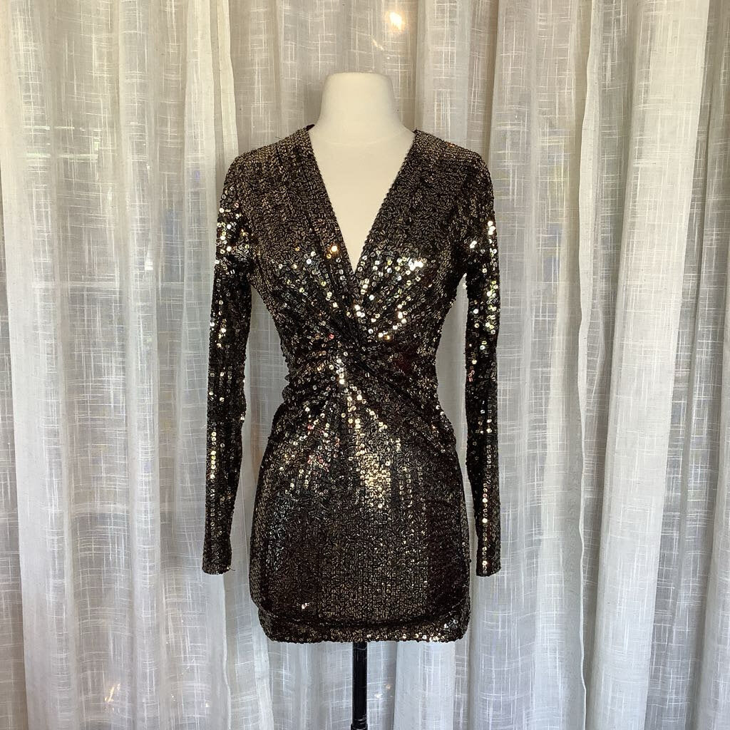 Vintage Black Tie Sequin Dress by He-ro Industries L from Back 29", W 24" Bust 32", Sleeve 24"