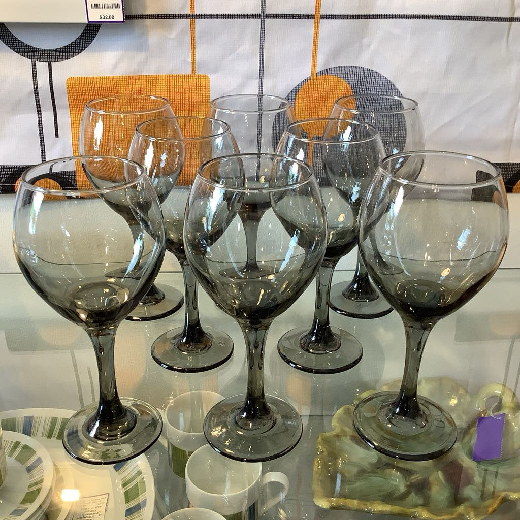 80's Set of 8 Libbey Smoky Wine Glasses