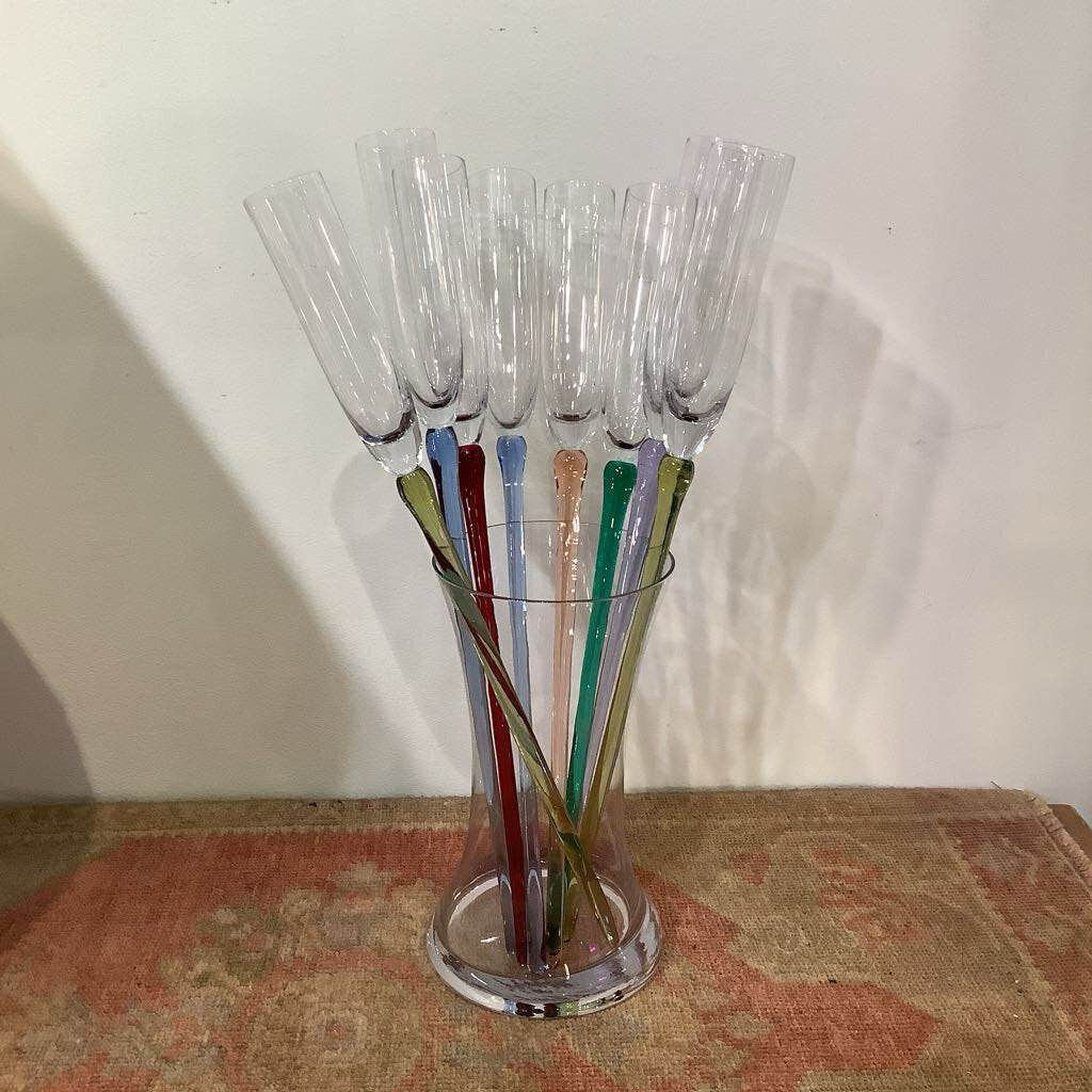 Vtg Handblown Champagne Flutes Set of 8 w/ Vase