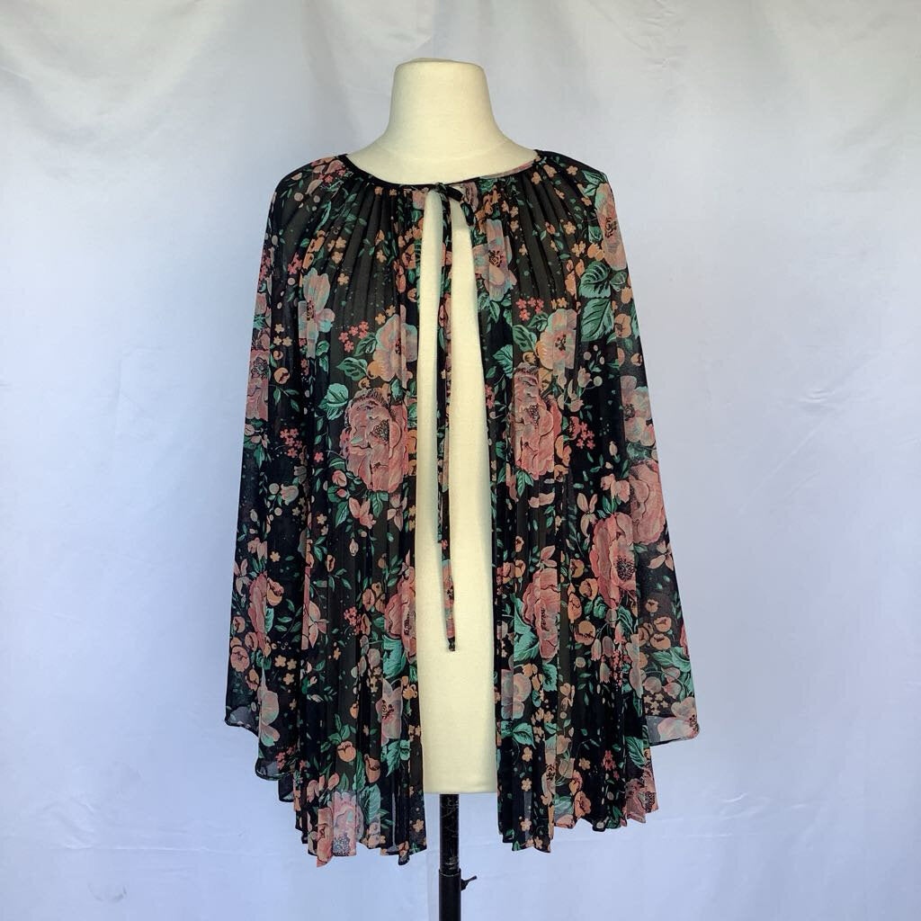 1980s Floral Pleated Open Cape Top w/ Tie at Neck