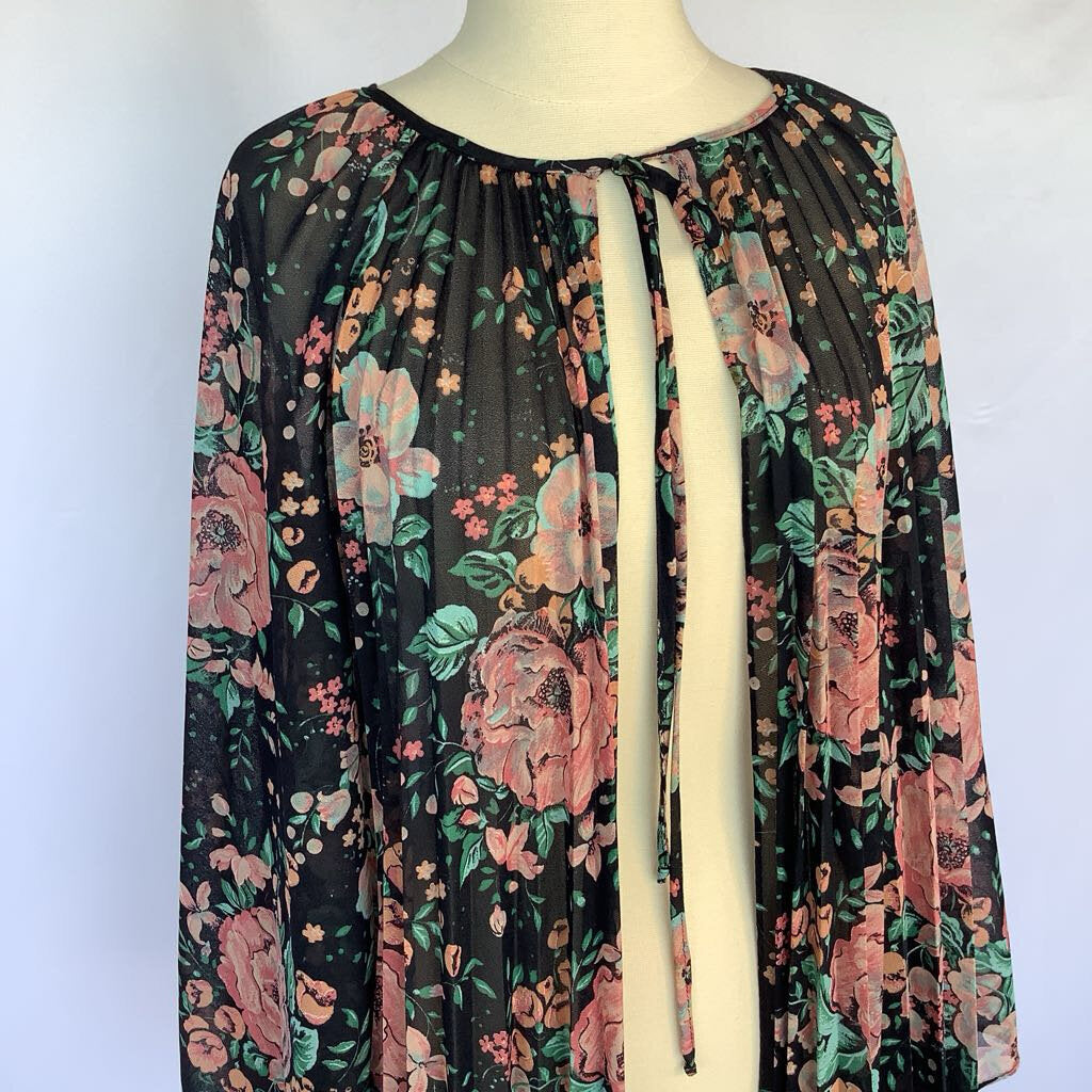 1980s Floral Pleated Open Cape Top w/ Tie at Neck