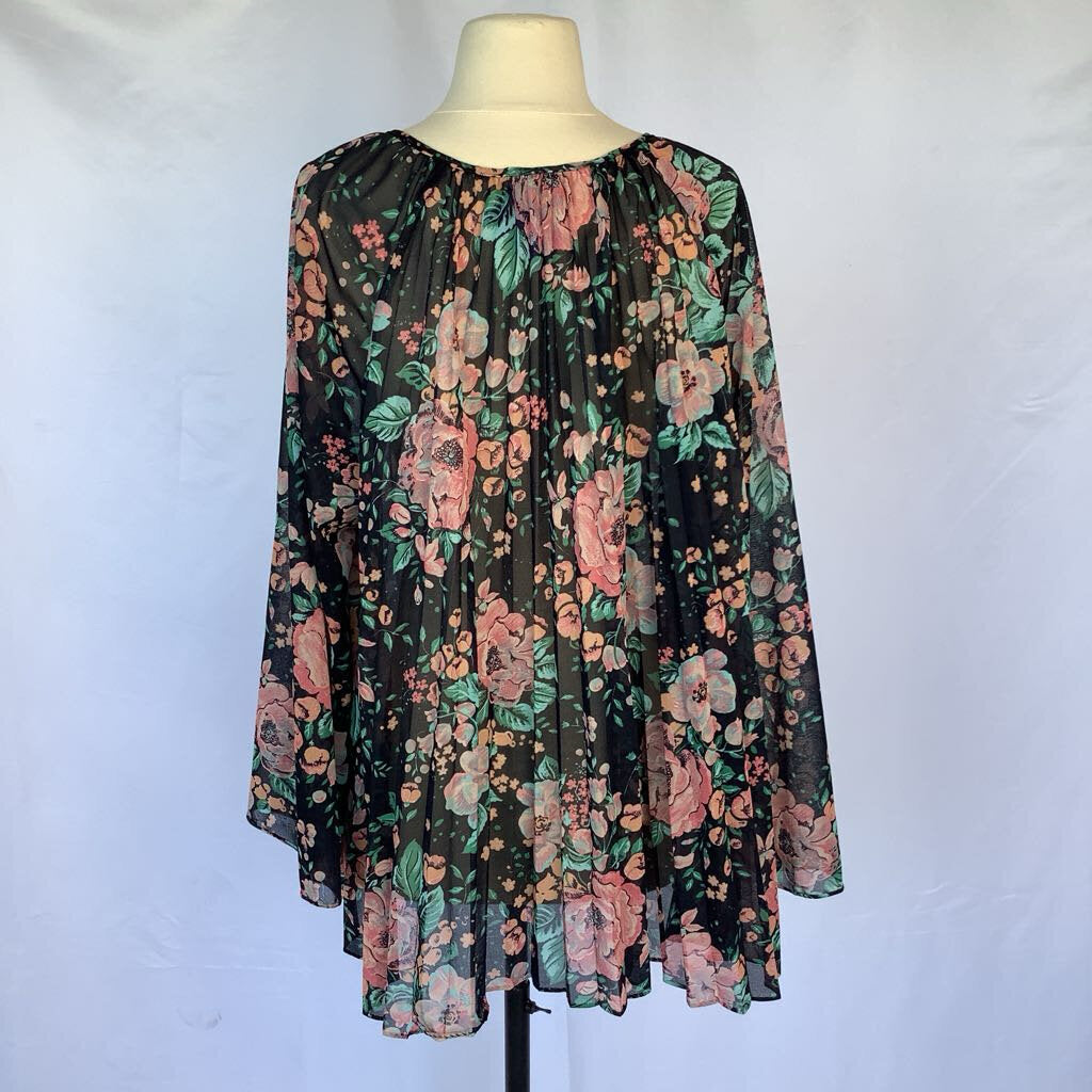 1980s Floral Pleated Open Cape Top w/ Tie at Neck