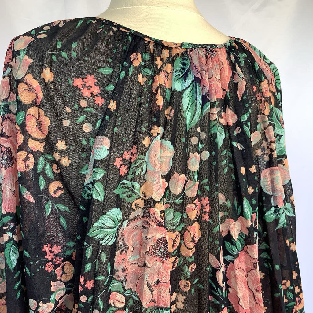 1980s Floral Pleated Open Cape Top w/ Tie at Neck