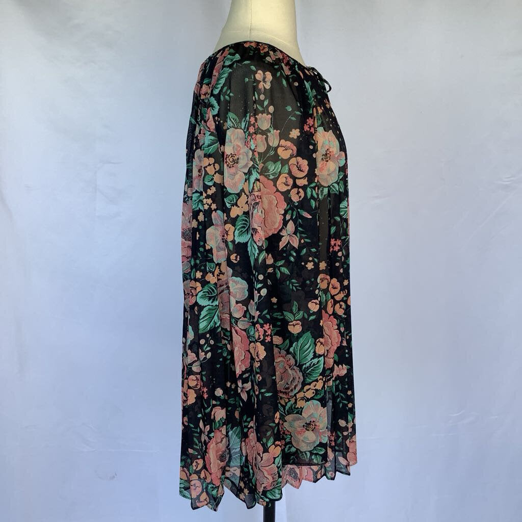 1980s Floral Pleated Open Cape Top w/ Tie at Neck