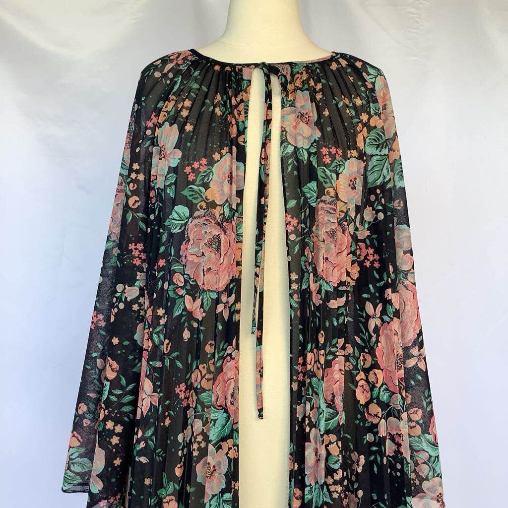 1980s Floral Pleated Open Cape Top w/ Tie at Neck