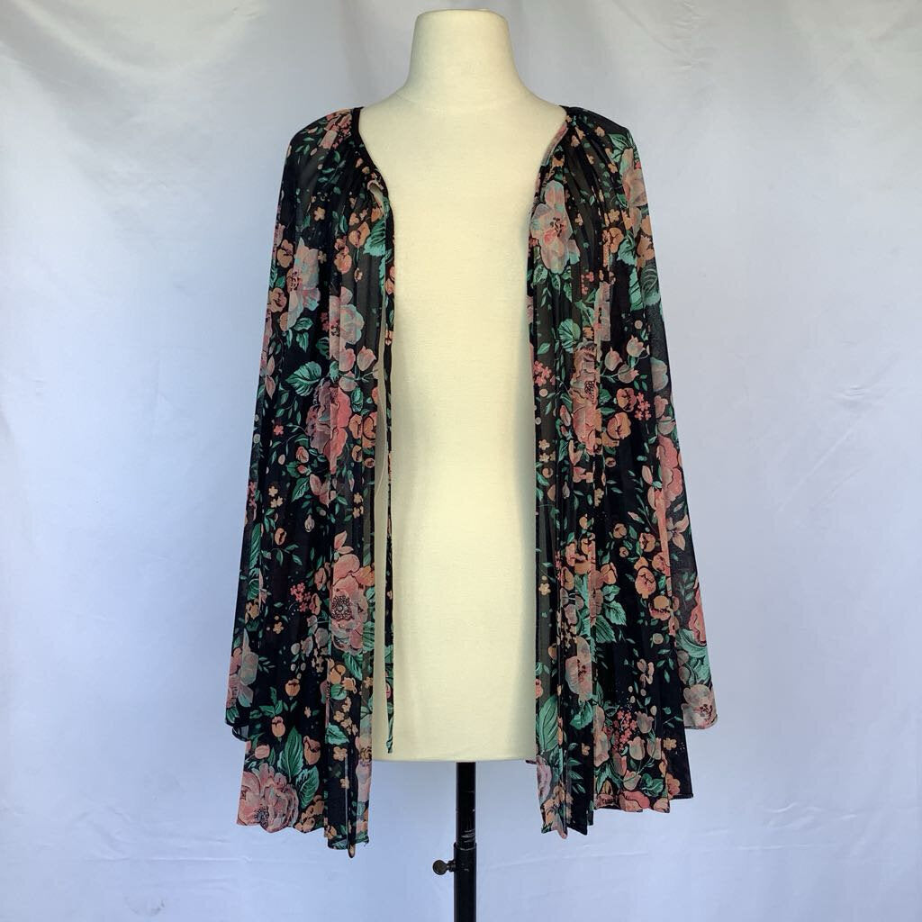 1980s Floral Pleated Open Cape Top w/ Tie at Neck