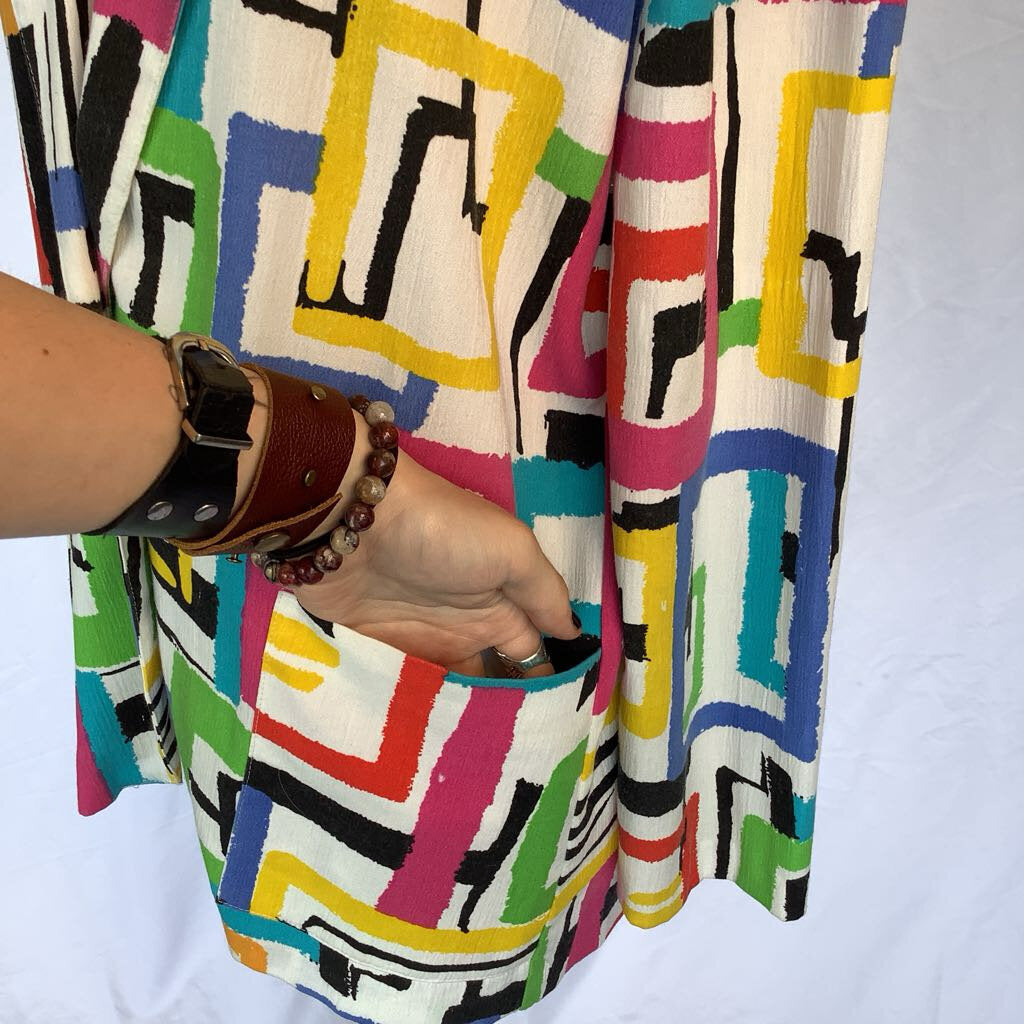 1980s White Mulitcolored One Button Blazer