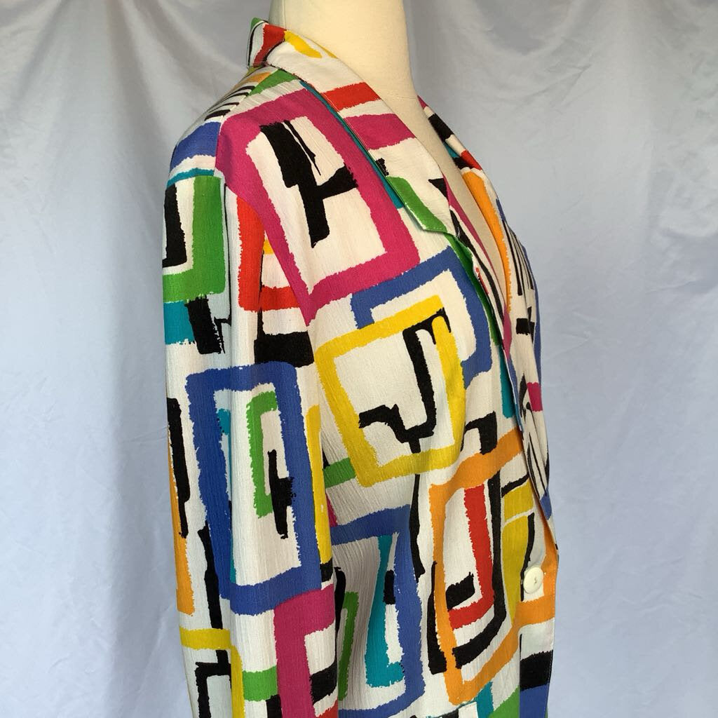 1980s White Mulitcolored One Button Blazer