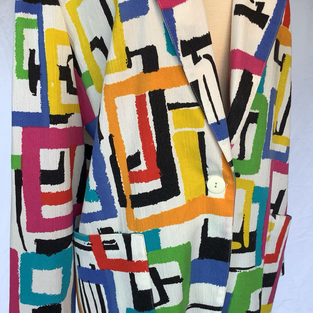 1980s White Mulitcolored One Button Blazer