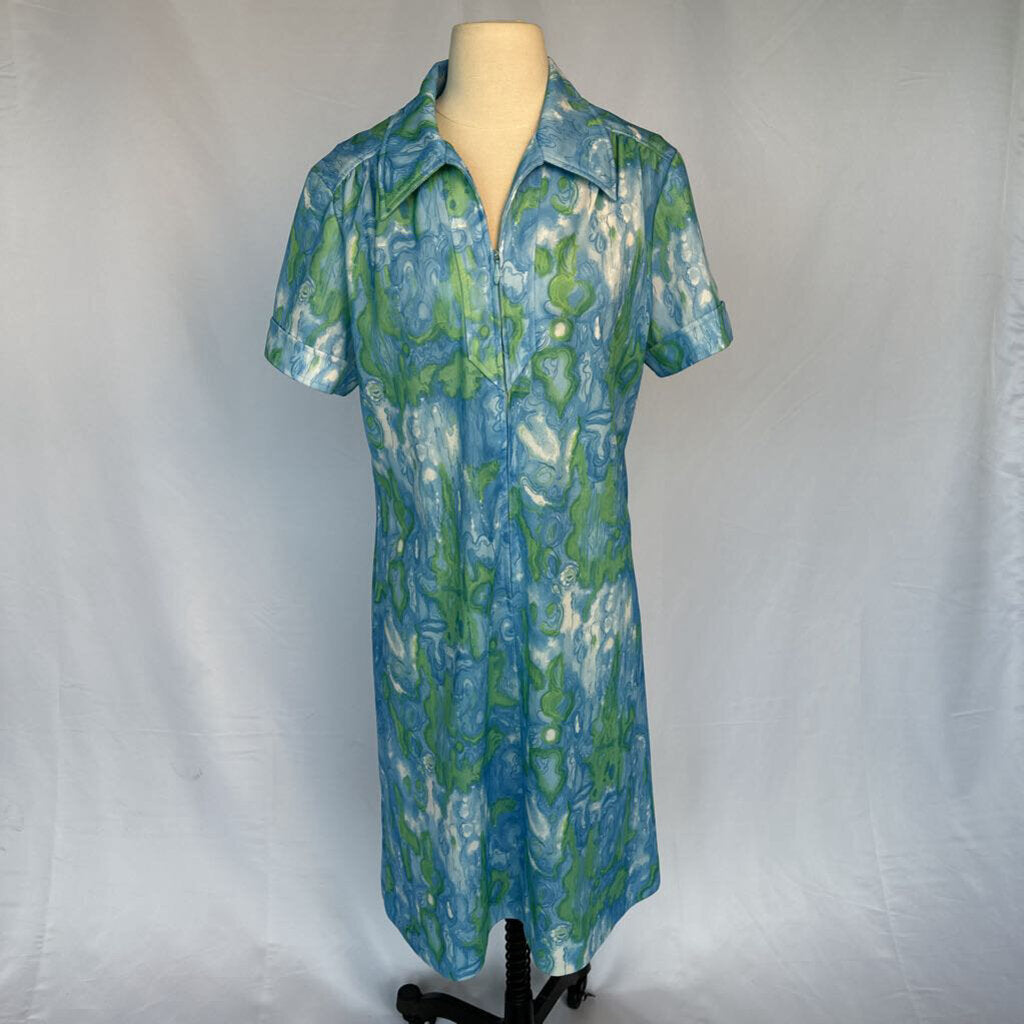 1970s Blue Watercolor Mod Shift Dress