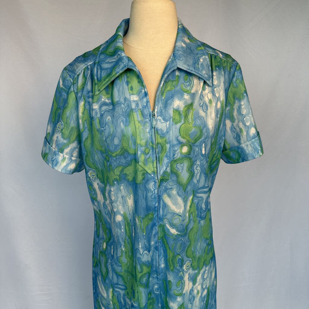 1970s Blue Watercolor Mod Shift Dress