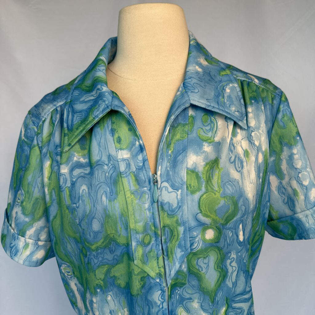 1970s Blue Watercolor Mod Shift Dress