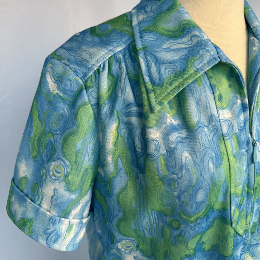 1970s Blue Watercolor Mod Shift Dress