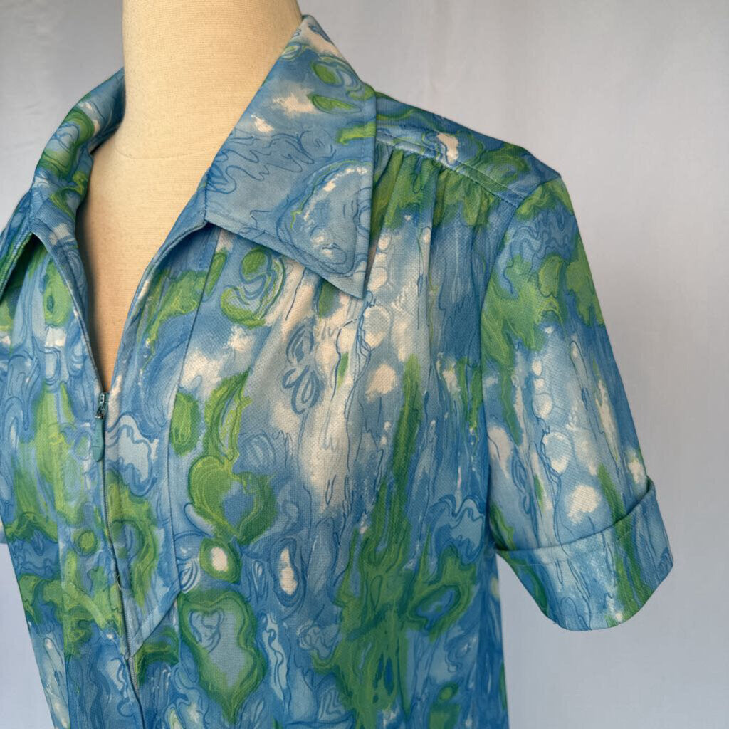 1970s Blue Watercolor Mod Shift Dress