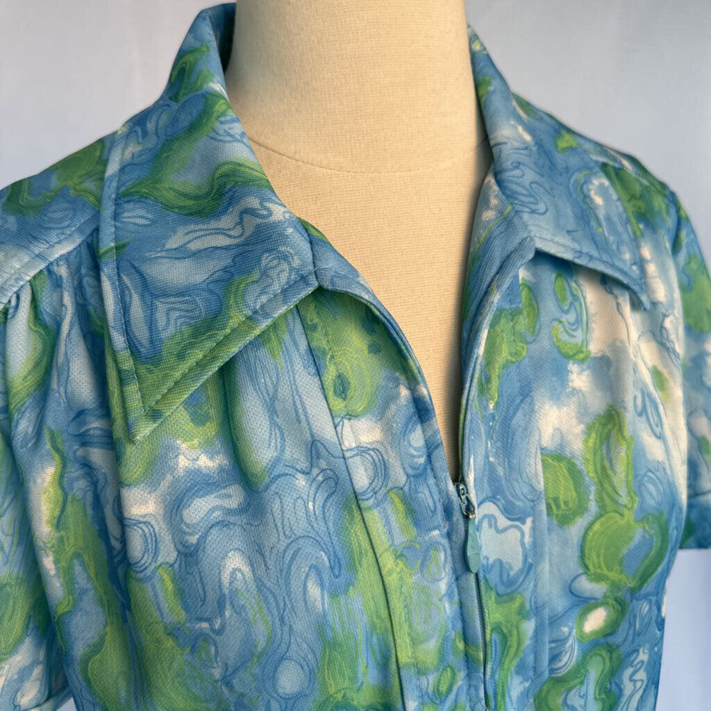 1970s Blue Watercolor Mod Shift Dress
