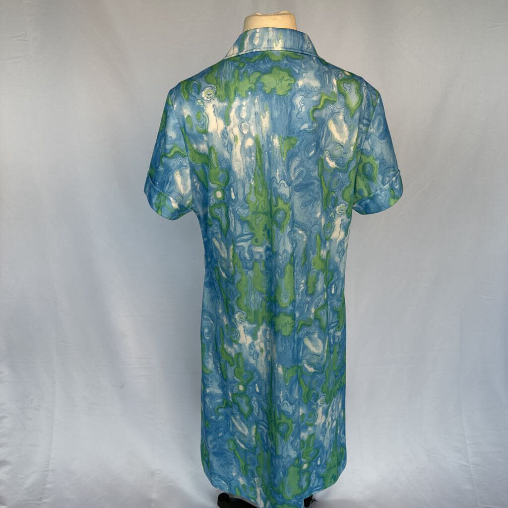 1970s Blue Watercolor Mod Shift Dress