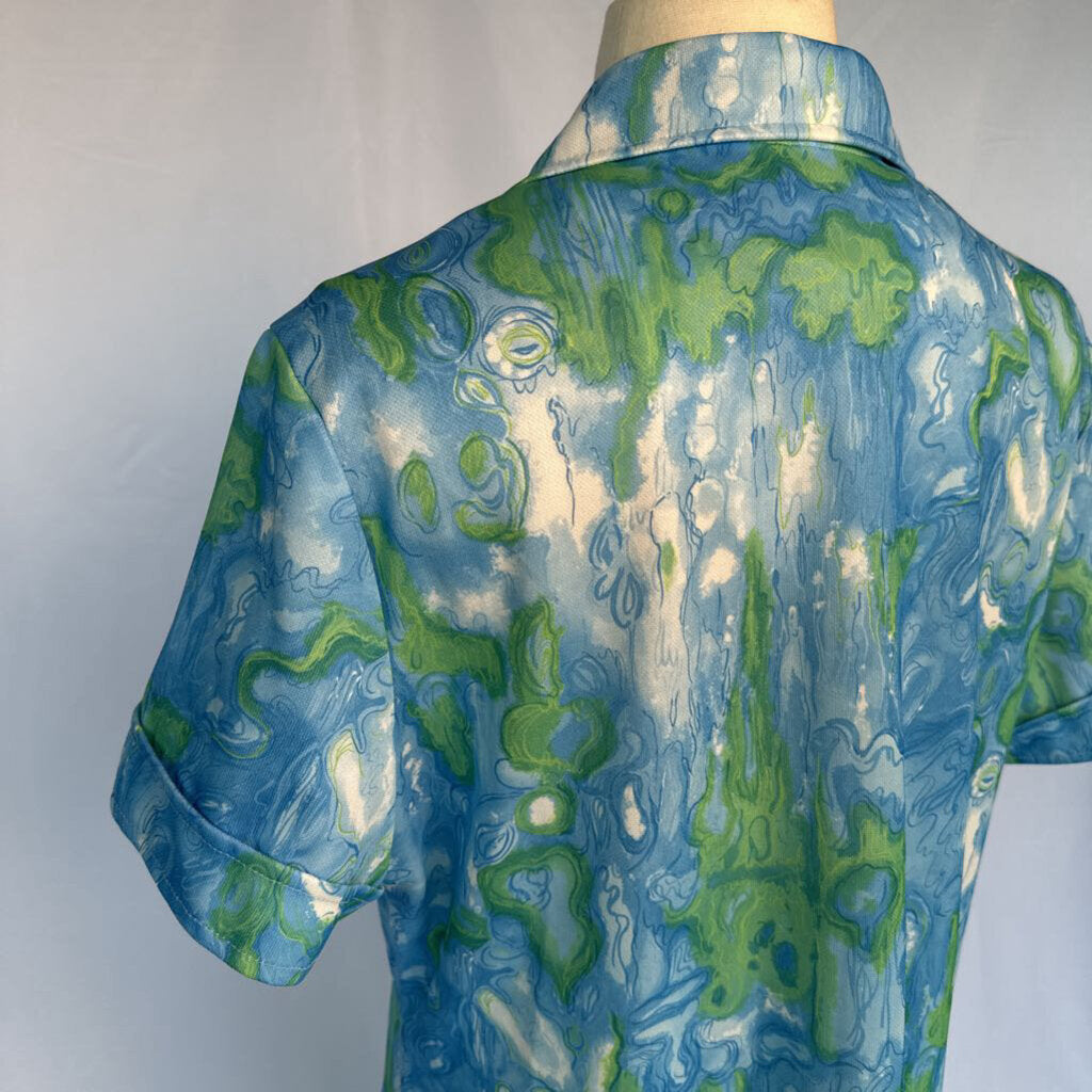 1970s Blue Watercolor Mod Shift Dress