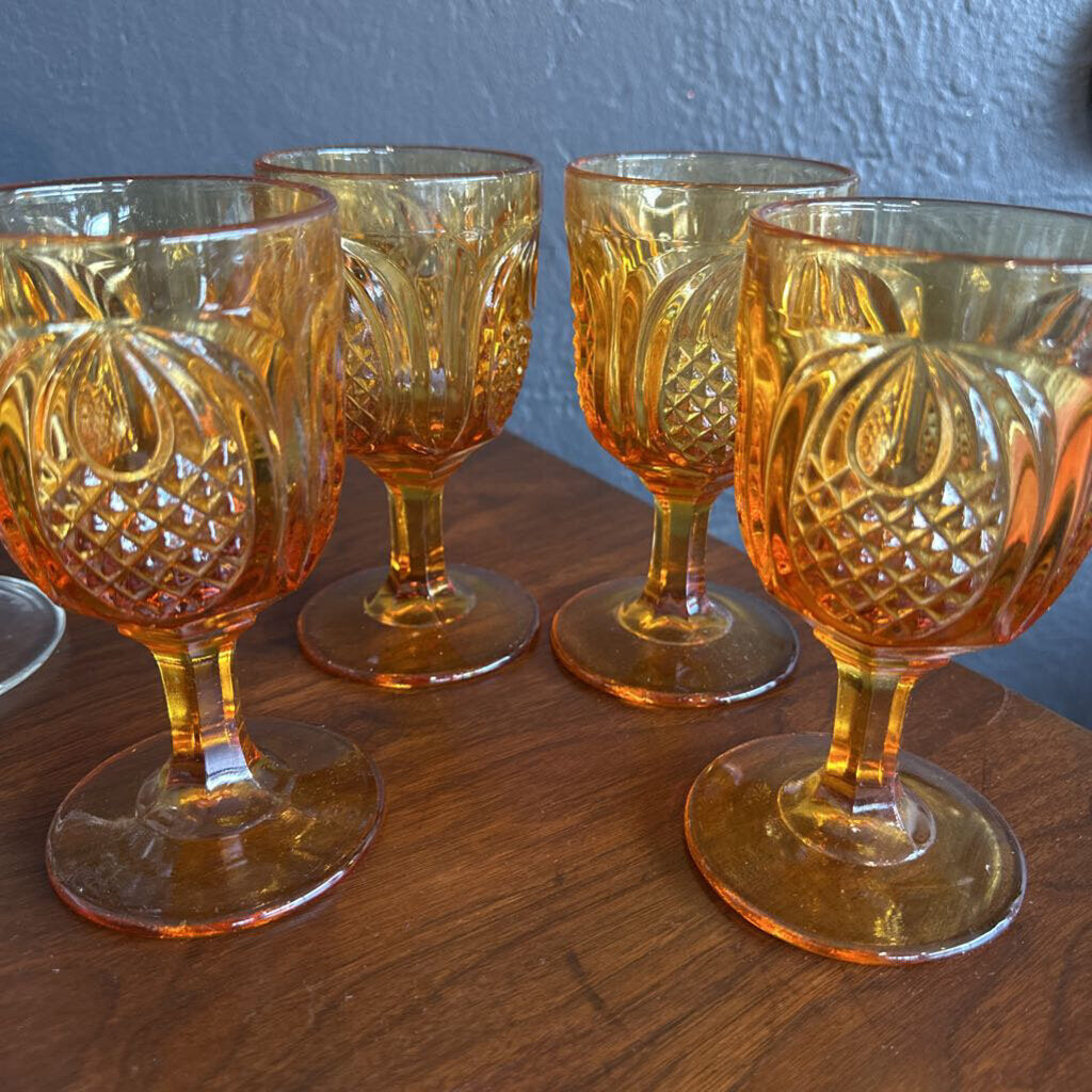 Vintage Fenton New England Colonial Amber Pineapple Footed Glass Set