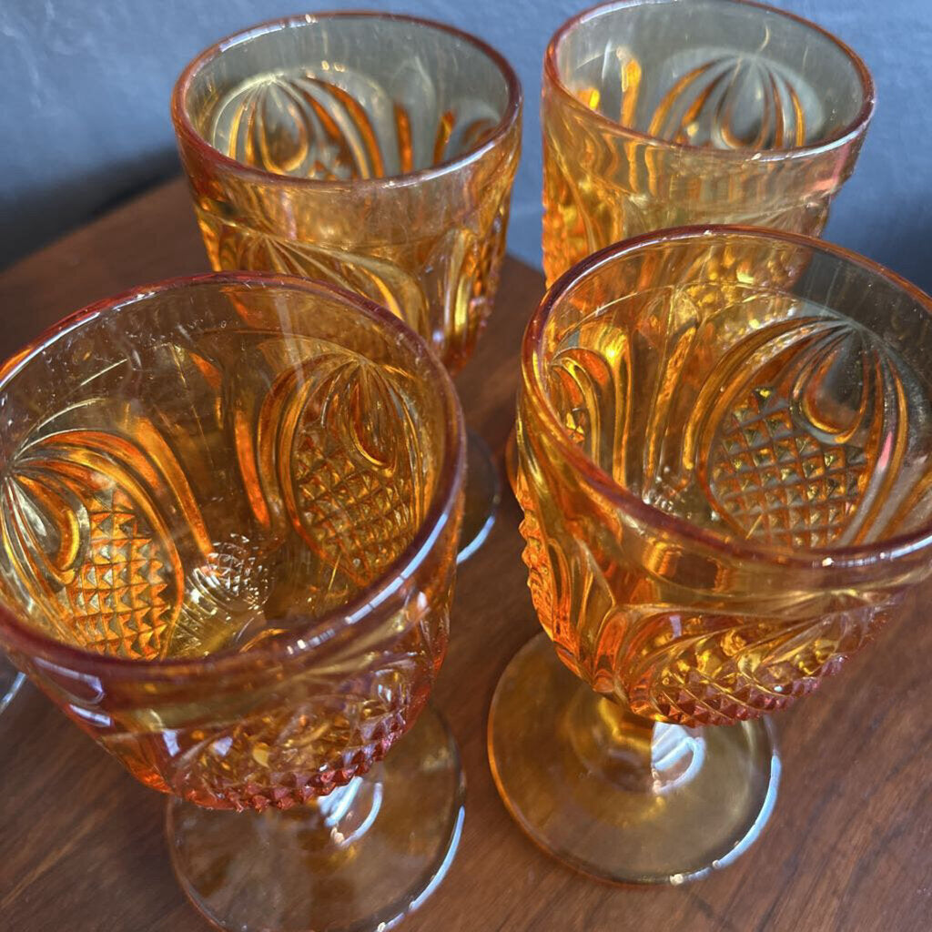 Vintage Fenton New England Colonial Amber Pineapple Footed Glass Set