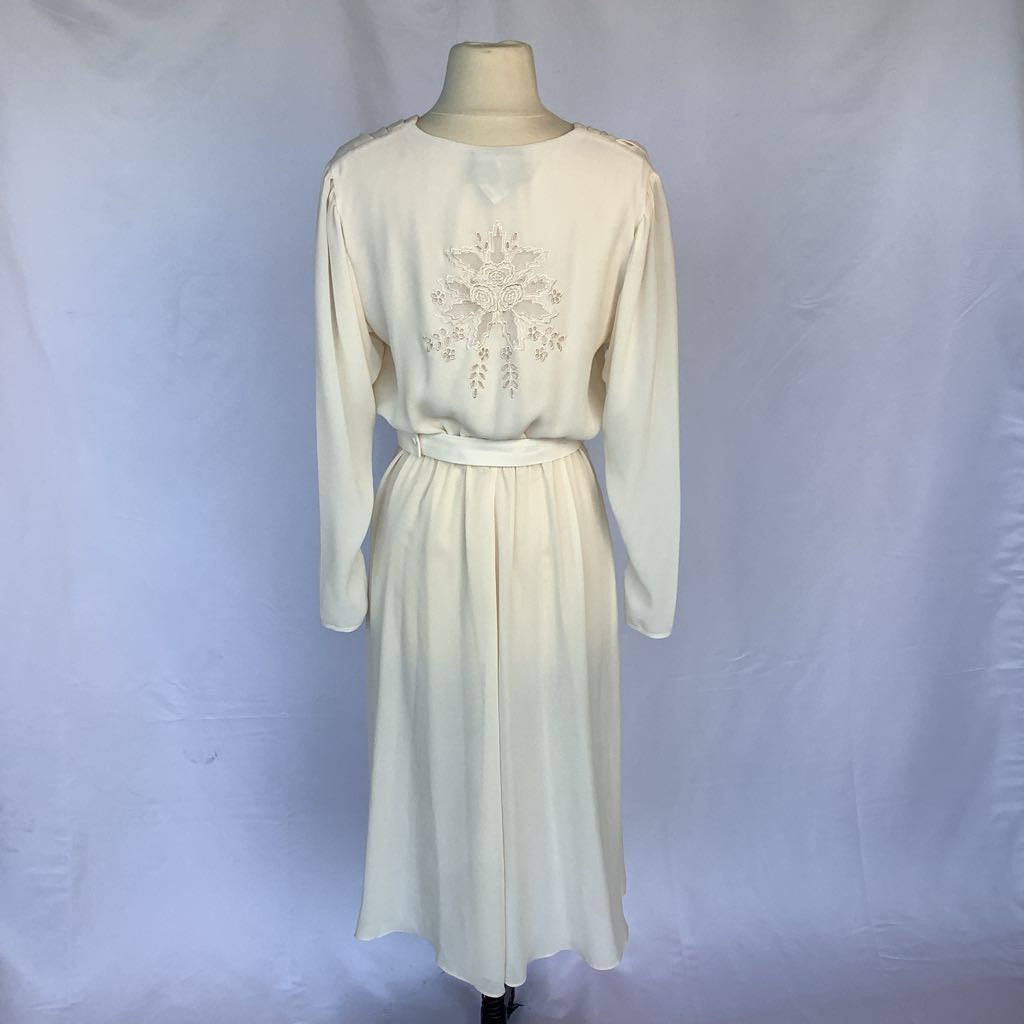 1970s Ursula of Switzerland Cream Midi w/ Back Floral Embroidery