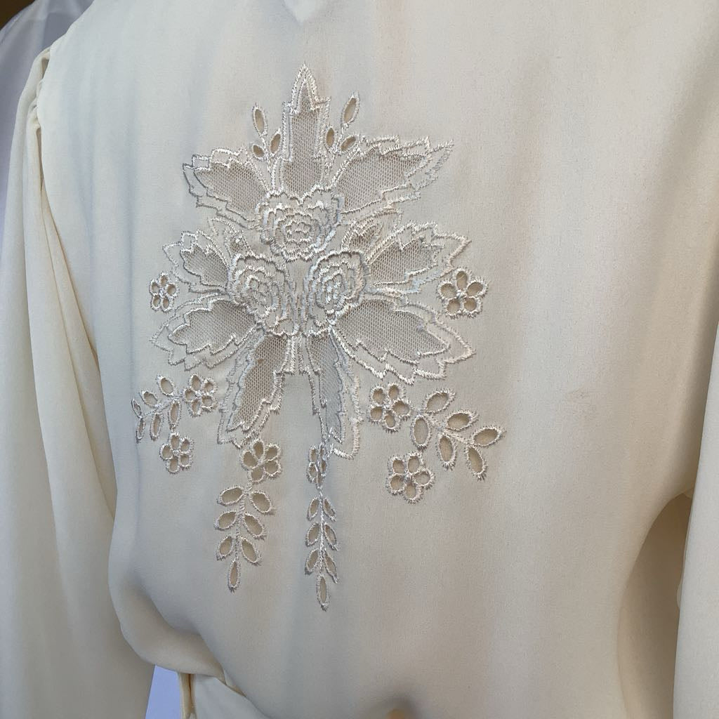 1970s Ursula of Switzerland Cream Midi w/ Back Floral Embroidery