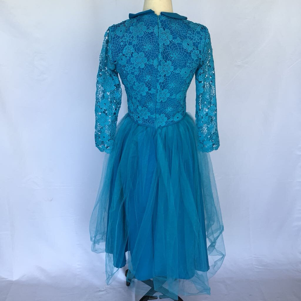 1960s Handmade Blue Lace Bodice w/ Toole Skirt Midi
