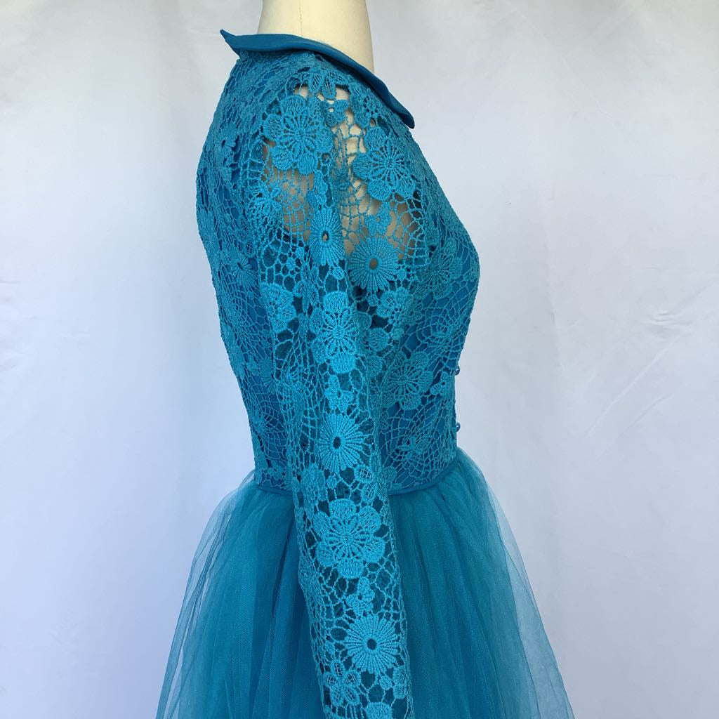 1960s Handmade Blue Lace Bodice w/ Toole Skirt Midi AS IS