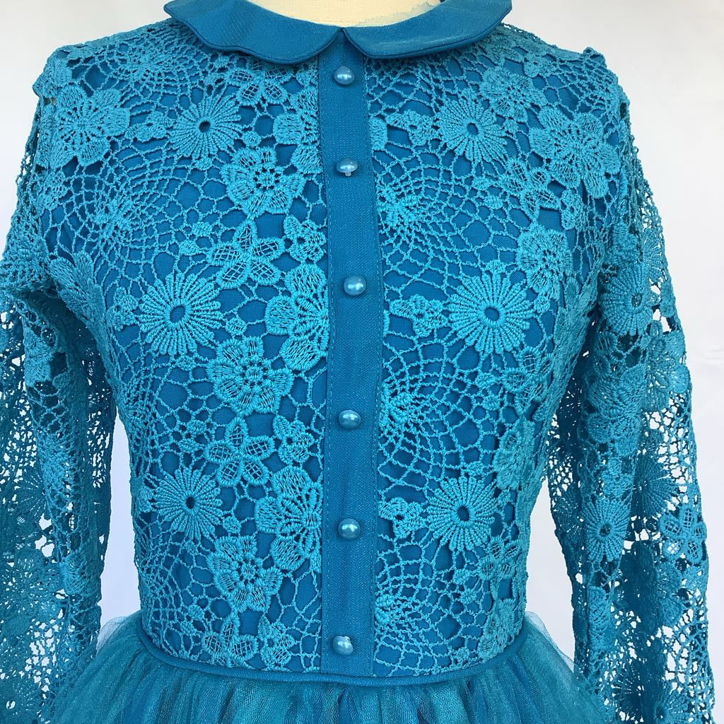 1960s Handmade Blue Lace Bodice w/ Toole Skirt Midi AS IS