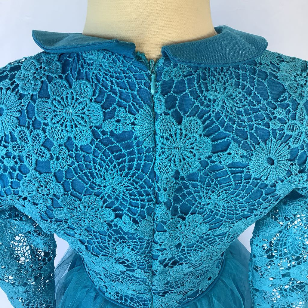 1960s Handmade Blue Lace Bodice w/ Toole Skirt Midi AS IS